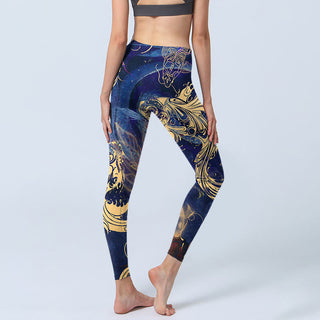Buddha Gift Blue Koi Fish Auspicious Clouds Print Gym Leggings Women's Yoga Pants