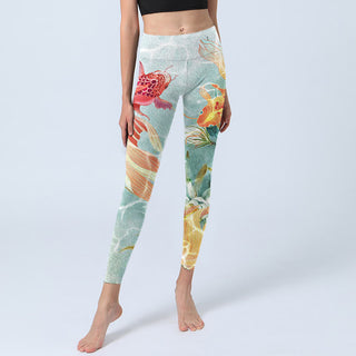 Buddha Gift Green Koi Fish White Lotus Water Ripples Print Gym Leggings Women's Yoga Pants