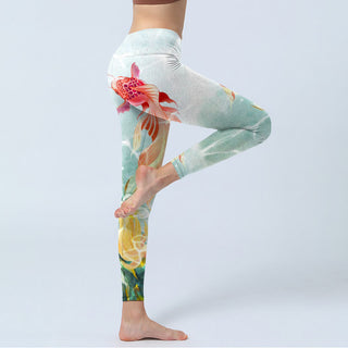 Buddha Gift Green Koi Fish White Lotus Water Ripples Print Gym Leggings Women's Yoga Pants