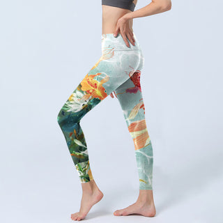 Buddha Gift Green Koi Fish White Lotus Water Ripples Print Gym Leggings Women's Yoga Pants