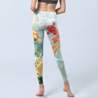Buddha Gift Green Koi Fish White Lotus Water Ripples Print Gym Leggings Women's Yoga Pants