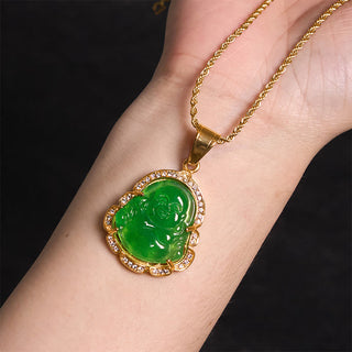 Buddha Gift 18K Gold Filled Laughing Buddha Jade Luck Necklace Chain Pendant