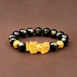 Buddha Gift Natural Gold Sheen Obsidian PiXiu Om Mani Padme Hum Wealth Bracelet