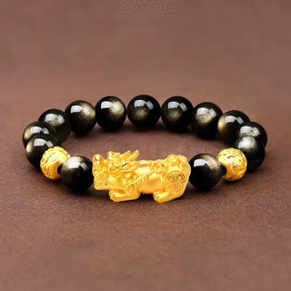 Buddha Gift Natural Gold Sheen Obsidian PiXiu Om Mani Padme Hum Wealth Bracelet