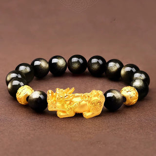 Buddha Gift Natural Gold Sheen Obsidian PiXiu Om Mani Padme Hum Wealth Bracelet