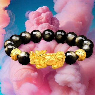 Buddha Gift Natural Gold Sheen Obsidian PiXiu Om Mani Padme Hum Wealth Bracelet