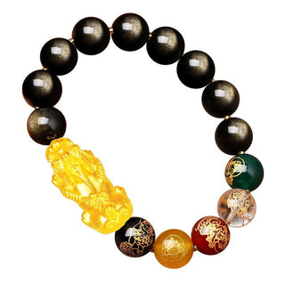 Buddha Gift Natural Gold Sheen Obsidian PiXiu Five Directions Gods of Wealth Protection Bracelet