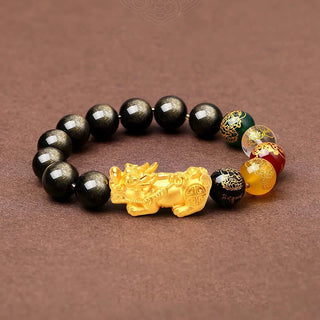 Buddha Gift Natural Gold Sheen Obsidian PiXiu Five Directions Gods of Wealth Protection Bracelet