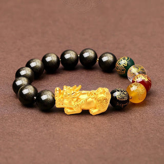Buddha Gift Natural Gold Sheen Obsidian PiXiu Five Directions Gods of Wealth Protection Bracelet