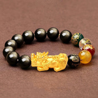 Buddha Gift Natural Gold Sheen Obsidian PiXiu Five Directions Gods of Wealth Protection Bracelet