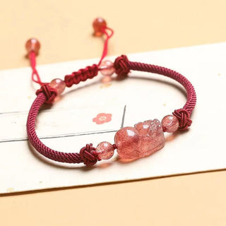 Buddha Gift Natural Strawberry Quartz PiXiu Red String Braided Protection Bracelet