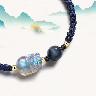 Buddha Gift Moonstone PiXiu Blue Tiger Eye Fu Character Healing Couple String Bracelet