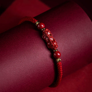 Buddha Gift Handmade Cinnabar Ruyi Handle Fu Character PiXiu Blessing Red String Braided Bracelet