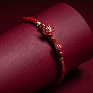 Buddha Gift Handmade Cinnabar Ruyi Handle Fu Character PiXiu Blessing Red String Braided Bracelet