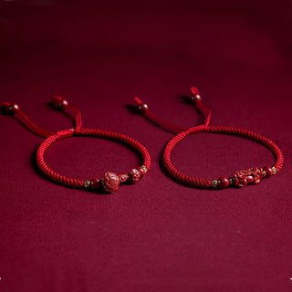 Buddha Gift Handmade Cinnabar Ruyi Handle Fu Character PiXiu Blessing Red String Braided Bracelet