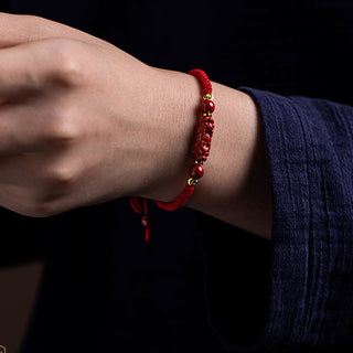 Buddha Gift Handmade Cinnabar Ruyi Handle Fu Character PiXiu Blessing Red String Braided Bracelet