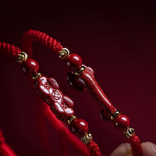 Buddha Gift Handmade Cinnabar Ruyi Handle Fu Character PiXiu Blessing Red String Braided Bracelet