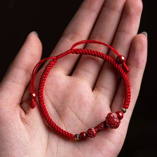 Buddha Gift Handmade Cinnabar Ruyi Handle Fu Character PiXiu Blessing Red String Braided Bracelet