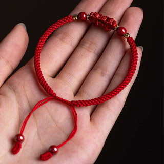 Buddha Gift Handmade Cinnabar Ruyi Handle Fu Character PiXiu Blessing Red String Braided Bracelet