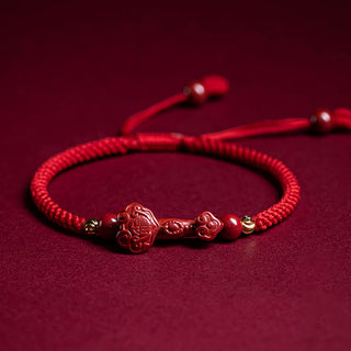 Buddha Gift Handmade Cinnabar Ruyi Handle Fu Character PiXiu Blessing Red String Braided Bracelet