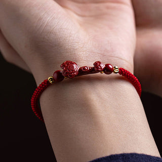 Buddha Gift Handmade Cinnabar Ruyi Handle Fu Character PiXiu Blessing Red String Braided Bracelet