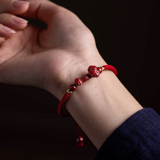 Buddha Gift Handmade Cinnabar Ruyi Handle Fu Character PiXiu Blessing Red String Braided Bracelet