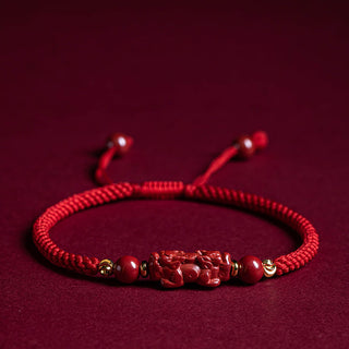 Buddha Gift Handmade Cinnabar Ruyi Handle Fu Character PiXiu Blessing Red String Braided Bracelet