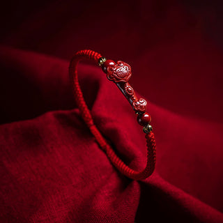 Buddha Gift Handmade Cinnabar Ruyi Handle Fu Character PiXiu Blessing Red String Braided Bracelet