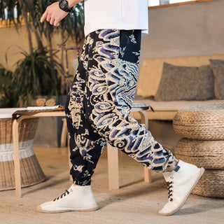 Buddha Gift Chinese Dragon Pattern Cotton Men's Harem Pants With Pockets