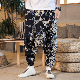 Buddha Gift Chinese Dragon Pattern Cotton Men's Harem Pants With Pockets