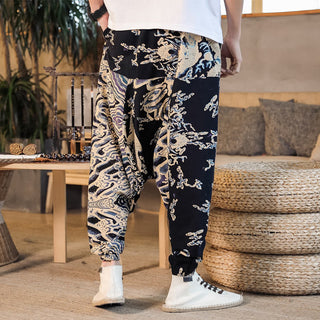 Buddha Gift Chinese Dragon Pattern Cotton Men's Harem Pants With Pockets