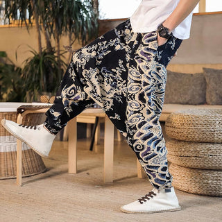 Buddha Gift Chinese Dragon Pattern Cotton Men's Harem Pants With Pockets