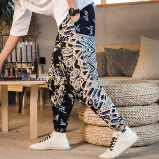 Buddha Gift Chinese Dragon Pattern Cotton Men's Harem Pants With Pockets