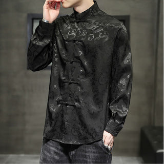 Buddha Gift Casual Dragon Pattern Frog-button Tang Suit Linen Men's Jacket Shirt