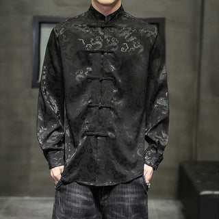 Buddha Gift Casual Dragon Pattern Frog-button Tang Suit Linen Men's Jacket Shirt