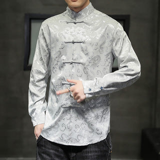Buddha Gift Casual Dragon Pattern Frog-button Tang Suit Linen Men's Jacket Shirt