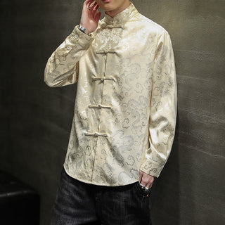 Buddha Gift Casual Dragon Pattern Frog-button Tang Suit Linen Men's Jacket Shirt