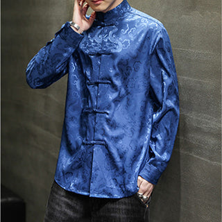Buddha Gift Casual Dragon Pattern Frog-button Tang Suit Linen Men's Jacket Shirt