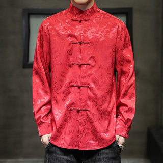 Buddha Gift Casual Dragon Pattern Frog-button Tang Suit Linen Men's Jacket Shirt