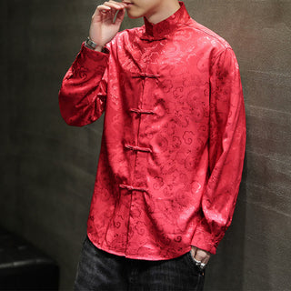 Buddha Gift Casual Dragon Pattern Frog-button Tang Suit Linen Men's Jacket Shirt
