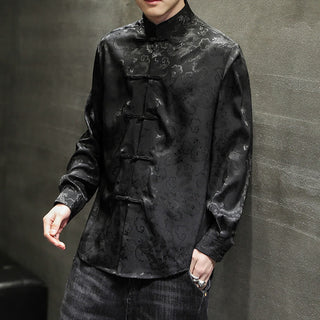 Buddha Gift Casual Dragon Pattern Frog-button Tang Suit Linen Men's Jacket Shirt