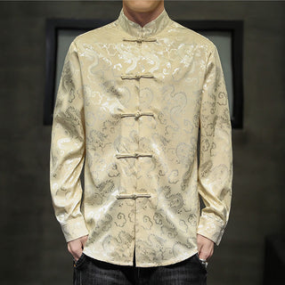 Buddha Gift Casual Dragon Pattern Frog-button Tang Suit Linen Men's Jacket Shirt