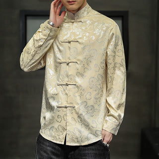 Buddha Gift Casual Dragon Pattern Frog-button Tang Suit Linen Men's Jacket Shirt