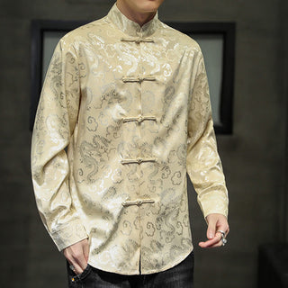 Buddha Gift Casual Dragon Pattern Frog-button Tang Suit Linen Men's Jacket Shirt
