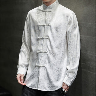 Buddha Gift Casual Dragon Pattern Frog-button Tang Suit Linen Men's Jacket Shirt