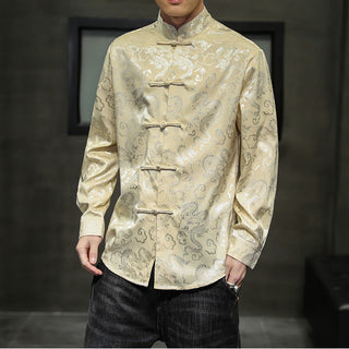 Buddha Gift Casual Dragon Pattern Frog-button Tang Suit Linen Men's Jacket Shirt