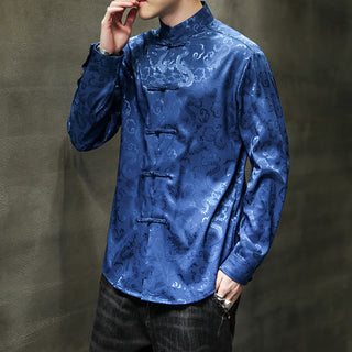 Buddha Gift Casual Dragon Pattern Frog-button Tang Suit Linen Men's Jacket Shirt