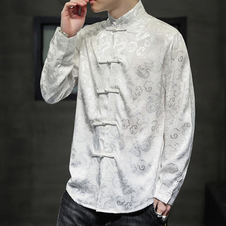 Buddha Gift Casual Dragon Pattern Frog-button Tang Suit Linen Men's Jacket Shirt