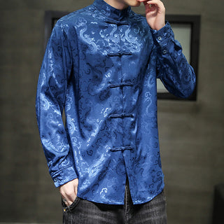 Buddha Gift Casual Dragon Pattern Frog-button Tang Suit Linen Men's Jacket Shirt