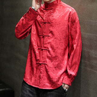 Buddha Gift Casual Dragon Pattern Frog-button Tang Suit Linen Men's Jacket Shirt